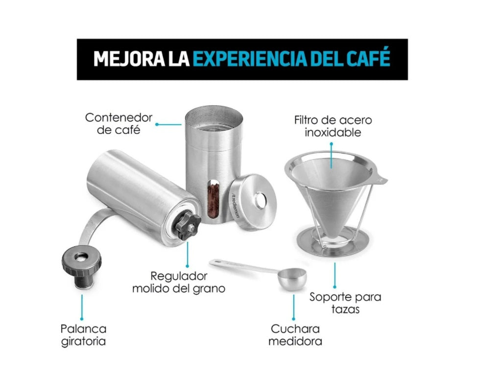 Molino De Café Manual de Acero Inoxidable + Filtro de Acero  (CAFÉ _ SIN _ NOMBRE) café sin nombre molino de café de grano molino de especias grano de café  molino de acero filtro de cafetera de acero