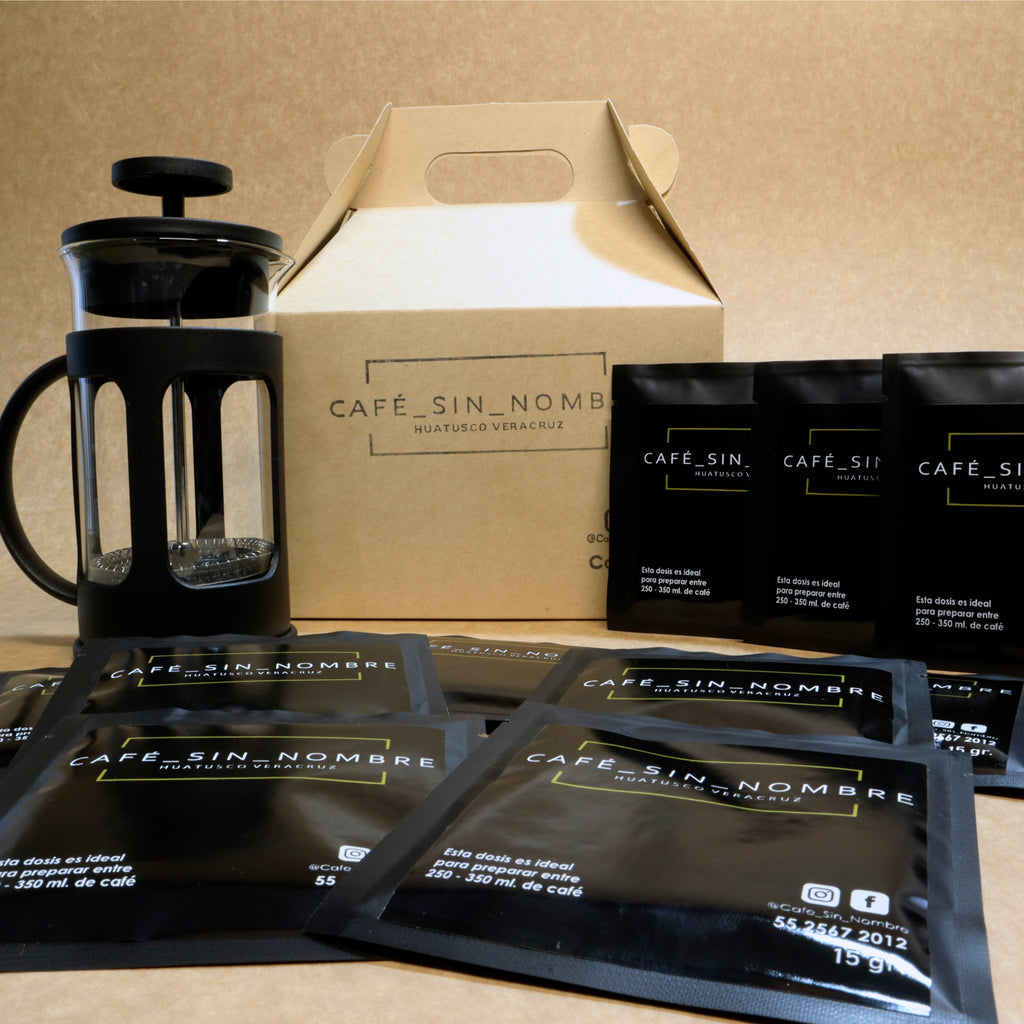 Kit de Iniciación para Amantes del Café – Prensa Francesa 350ml + Café Artesanal en Sobres – Café Sin Nombre